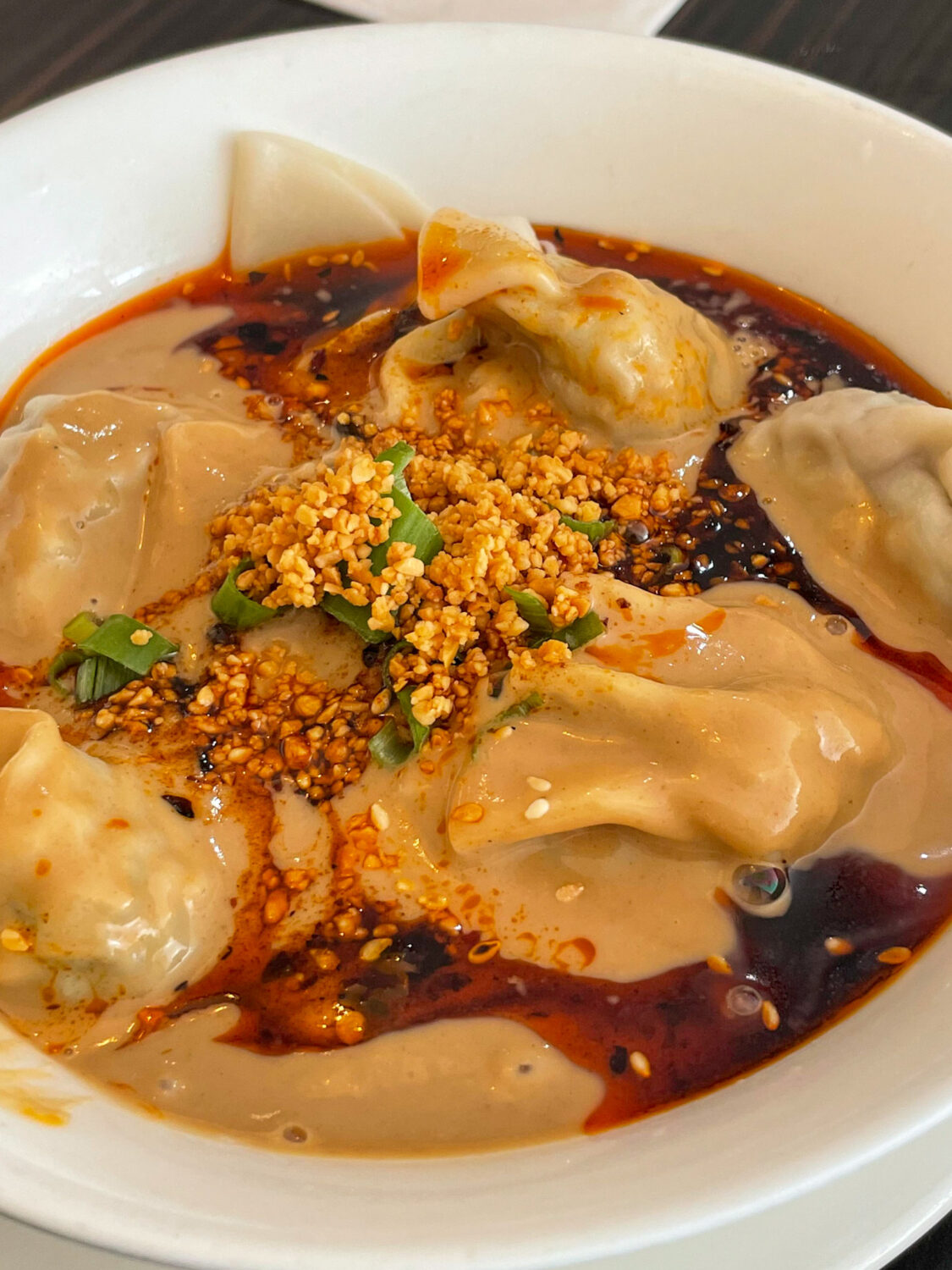 Shrimp and Pork Wonton in Spicy Peanut Sauce