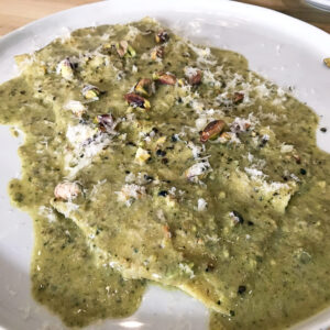 mortadella-pistachio-Lucia-Toronto-Italian-Restaurants Toronto Fine Dining Restaurant. Fazzoletti Di Mortadella, Pistachio & Black Pepper Pesto: This "handkerchief" pasta is stuffed with a mind-blowing, delicate tasting mortadella and paired with a rich and peppery pistachio sauce. The combination is unique and outrageously good.